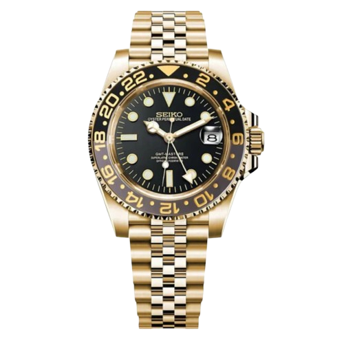 Montre Seiko Mod GMT Bruce Wayne cadran noir avec boîtier or noir – mouvement automatique NH34