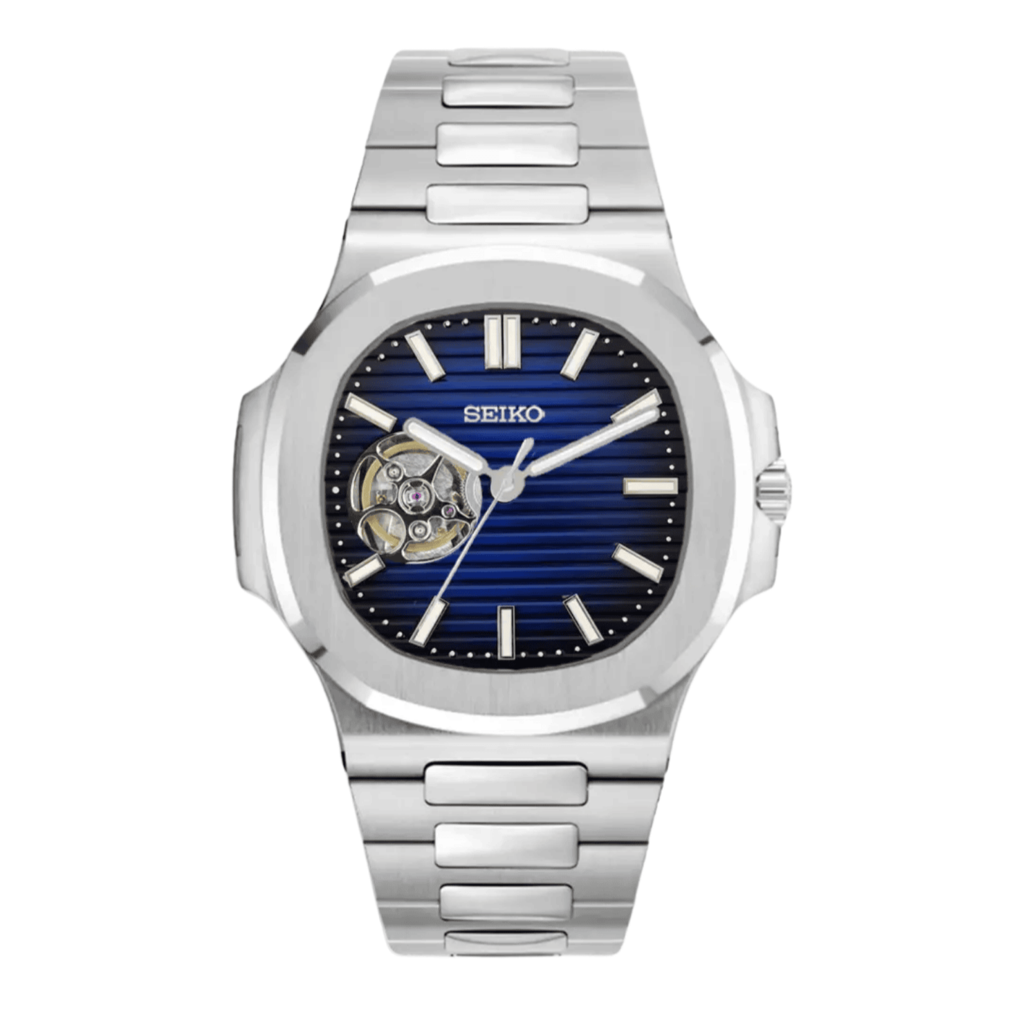Montre Seiko Mod Nautilus squelette cœur ouvert cadran bleu avec lunette acier brossé – mouvement automatique NH35