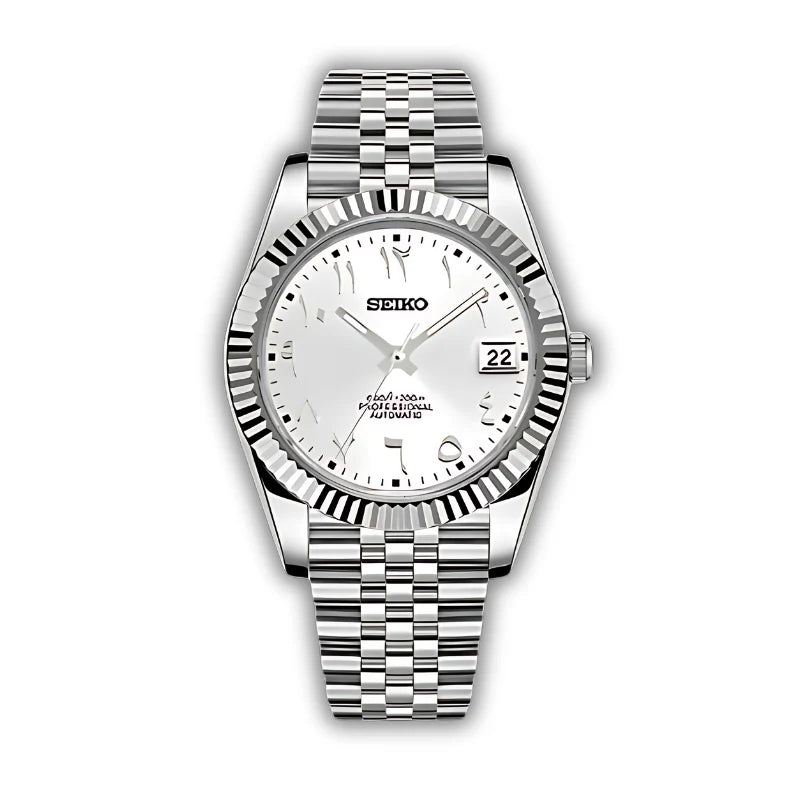 Montre Seiko Mod Datejust Arabic Gris Argenté 36/40mm avec boîtier en acier inoxydable, cadran gris argenté orné d'index arabes, mouvement automatique NH35 et verre saphir.