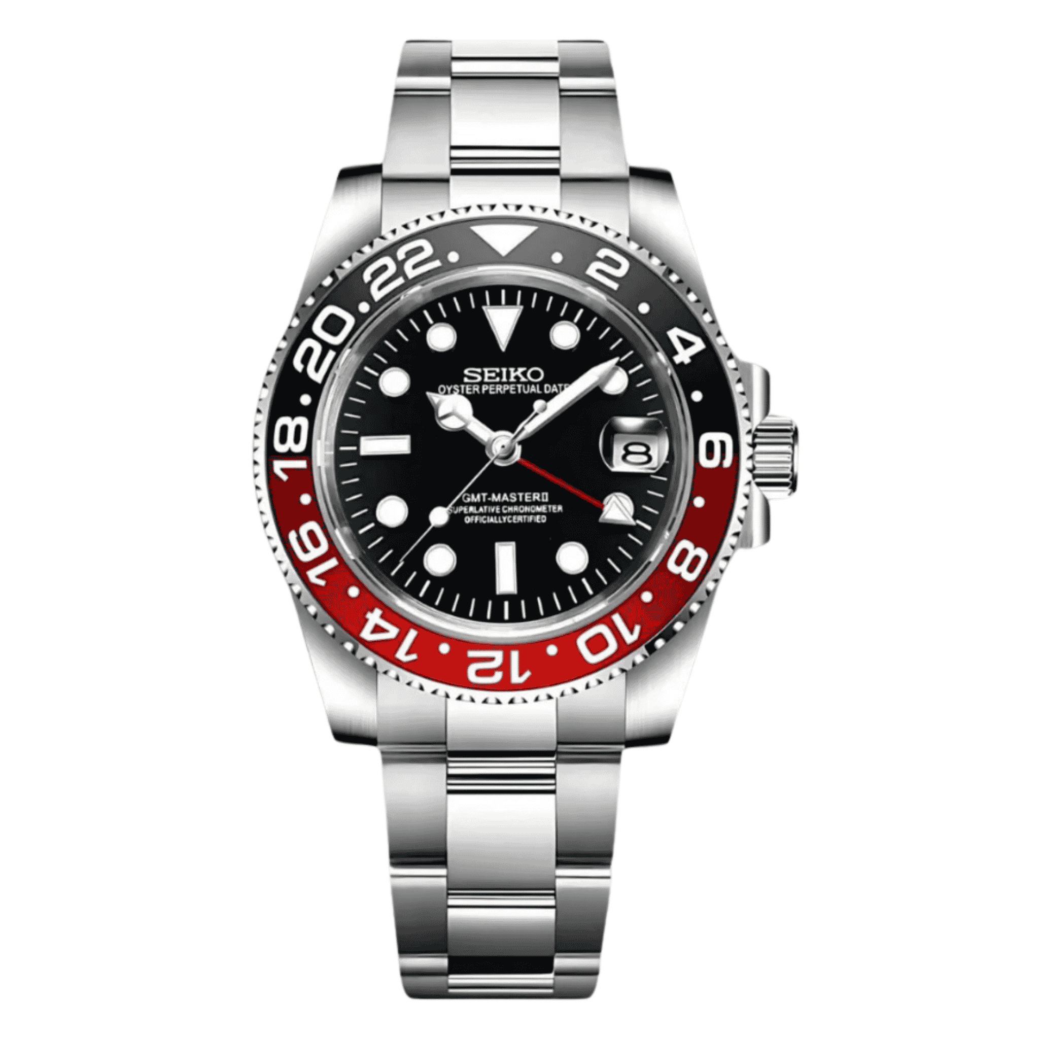 Découvrez la Seiko Mod GMT Coke Noir Rouge 40mm, une montre automatique fabriquée à la main en France avec boîtier en acier inoxydable, lunette noir et rouge, fonction GMT, et mouvement Seiko NH34. Livraison gratuite en 2-3 jours avec Colissimo.
