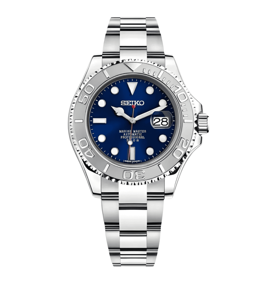 Seiko Mod Yacht Master NH35 Bleu 40mm - Montre automatique personnalisée en acier inoxydable 316L avec lunette céramique bleue et verre saphir, fabriquée à la main en France.